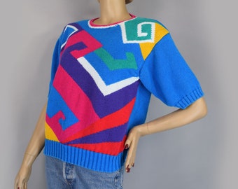 Colorful Vintage 80s Sweater with Geometric Memphis Style Print  M L