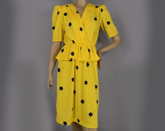 Yellow & Black Polka Dot Vintage 80s Dress with Puff Sleeves and Peplum S M