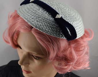 Blue Vintage 50s Tilt Hat Whimsy with Velour Ribbon Accent