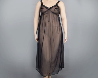 Sheer Black Nylon & Lace Vintage 50s Nightgown with Lace Trim and Flocked Flowers M