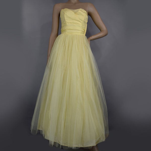 Soft Yellow Vintage 50s Dress Formal Prom Party Tulle Shelf Petal Bust Tea Length XS S