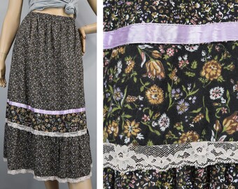 Black Calico Floral & Lace Vintage 80s Prairie Skirt M L