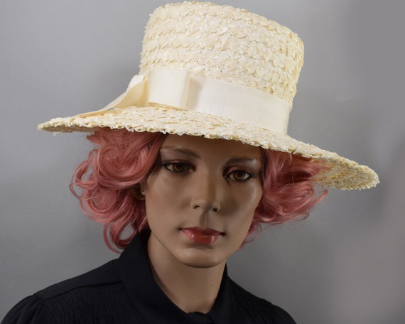 Cream White Vintage 60s Straw Hat with Wide Brim … - image 3
