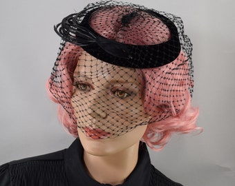 Black Vintage 50s Ringlet Hat with Feather Accent and Net Veil