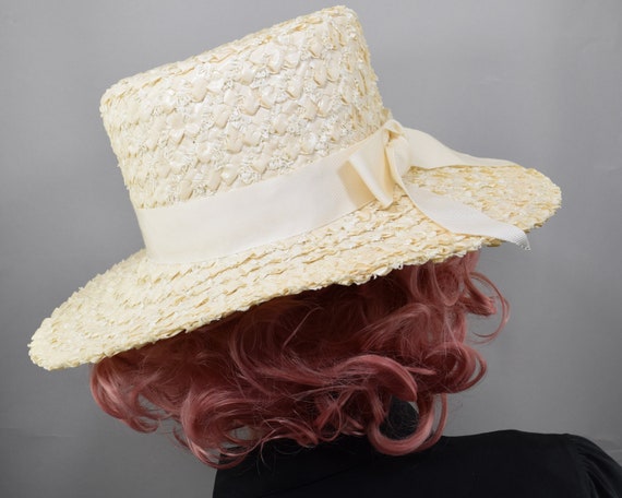 Cream White Vintage 60s Straw Hat with Wide Brim … - image 8