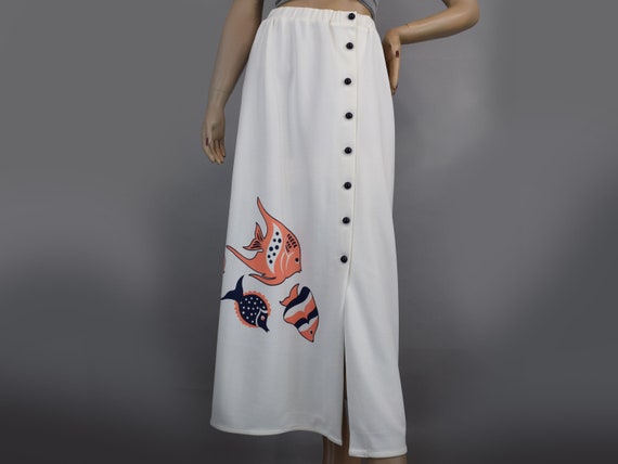 White Novelty Fish Print Vintage 70s Maxi Skirt M - image 2