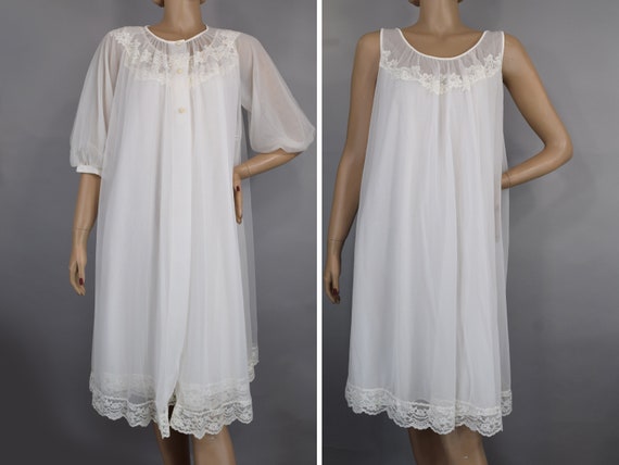 Sheer White Vintage 60s Peignoir Set Gown & Robe … - image 1