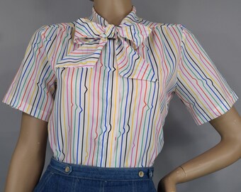 White Rainbow Stripe Vintage 80s Nylon Blouse with Bow Neck Tie S M