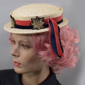 Cream Straw Boater Style Vintage 50s Hat with Black & Red Ribbons and Metallic Patches