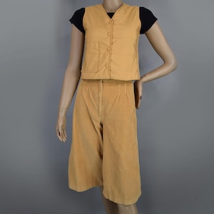 Tan Corduroy Vintage 70s Culotte & Puff Vest Set Gaucho Flared Leg XS