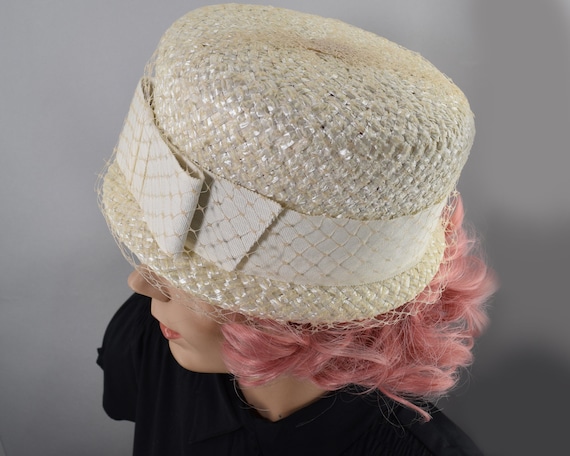 Vanilla Cream Lightweight Straw Vintage 60s Hat w… - image 7