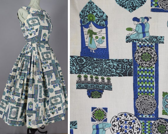Novelty Asian Print Cream & Blue Vintage 50s Cotto