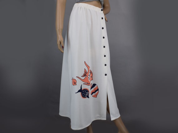 White Novelty Fish Print Vintage 70s Maxi Skirt M - image 3