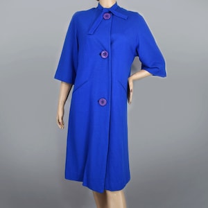 Royal Blue Vintage 60s Dress Coat S M Knit Long Swing Style Duster Jacket