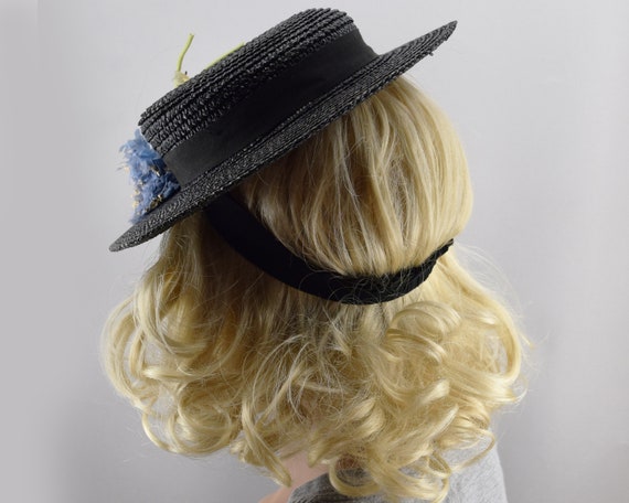 Black Straw Womens Boater Style Vintage 30s Tilt … - image 9