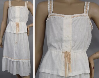 Creamy White Gauzy Vintage 80s Sleeveless Top & Skirt Set Sun Dress S M