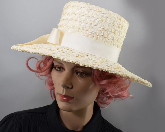 Cream White Vintage 60s Straw Hat with Wide Brim … - image 2
