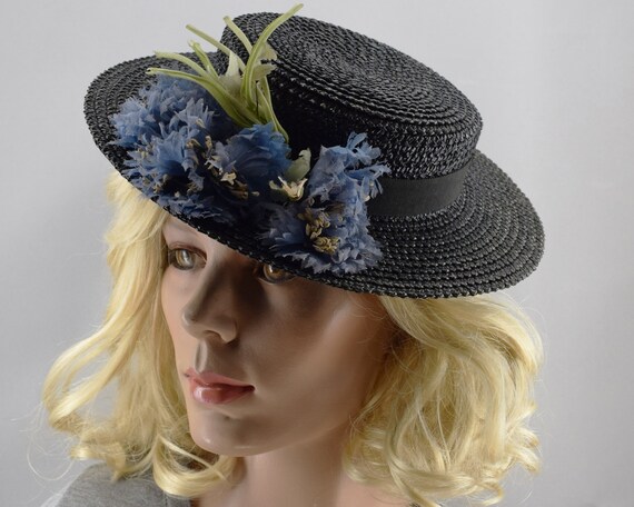 Black Straw Womens Boater Style Vintage 30s Tilt … - image 1
