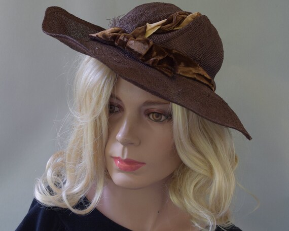 Chocolate Brown Wide Brim Vintage 30s Straw Summer