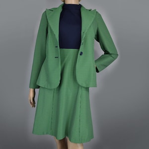 Green & Navy Blue Vintage 70s Dress and Jacket Suit Set M