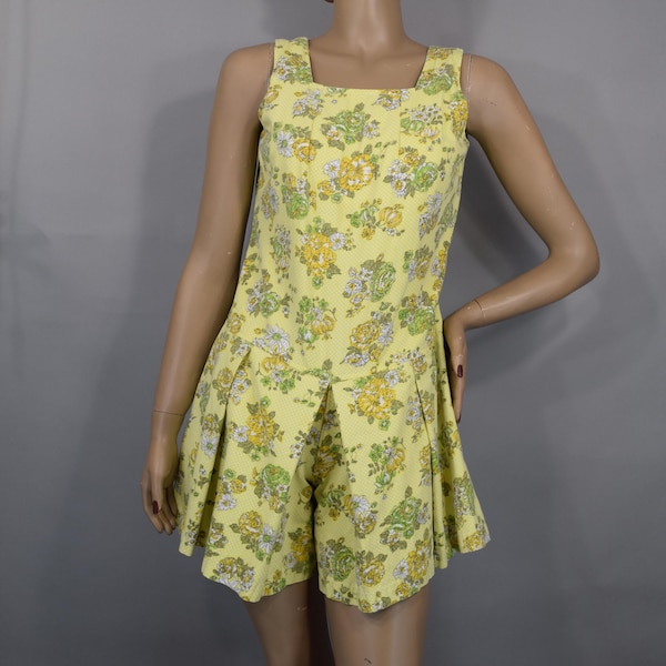 Mono con estampado floral amarillo vintage de los años 70, pierna ancha, falda dividida (talla S/M)