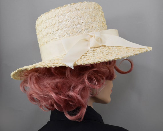 Cream White Vintage 60s Straw Hat with Wide Brim … - image 7