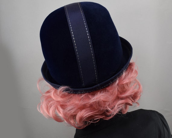 Mod Navy Blue Velour Vintage 60s Cloche Hat with … - image 7
