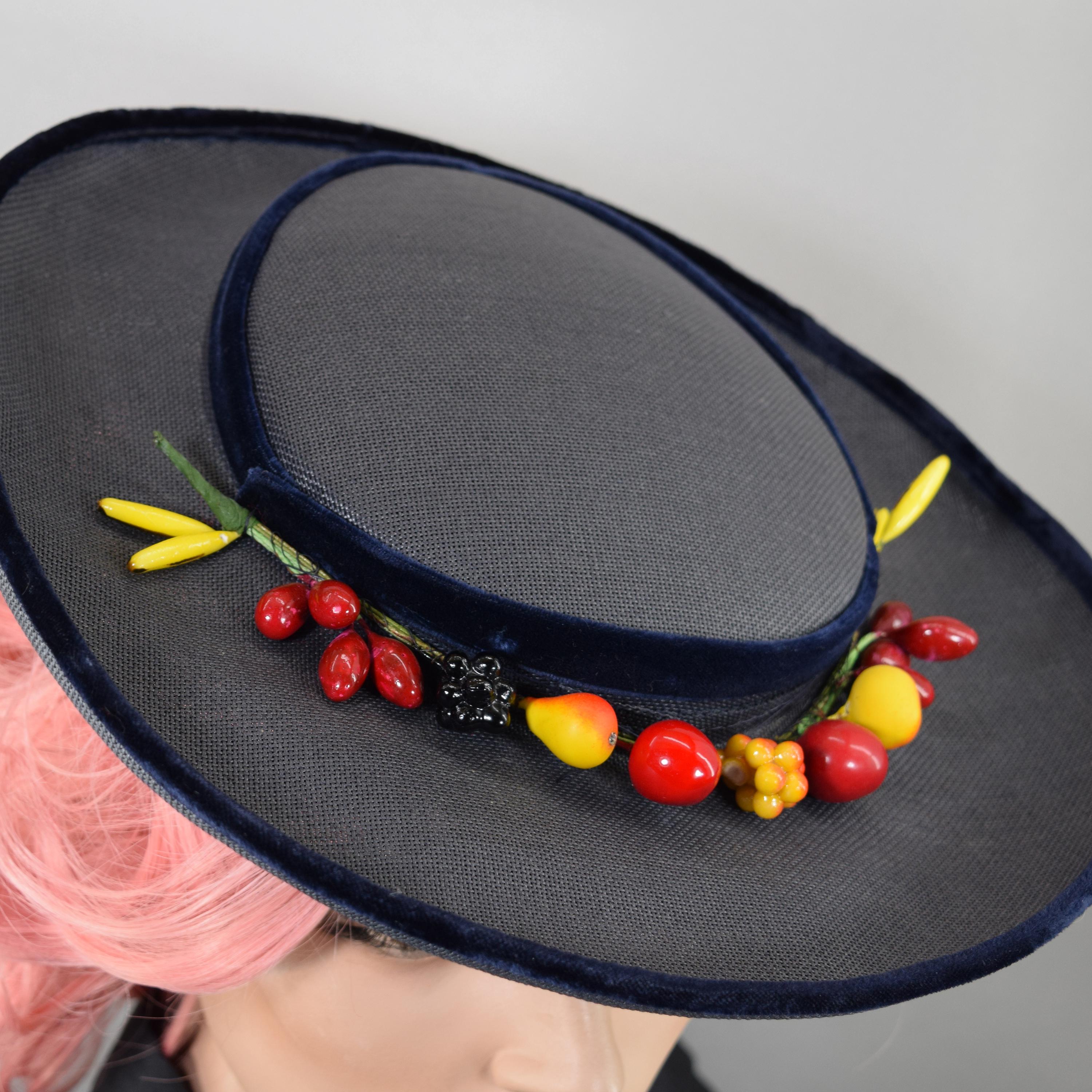 1950s vintage navy blue wide brim cartwheel hat rockabilly 40s/50s Navy New Look Cartwheel Hat | Straw Platter Hat  main image 2