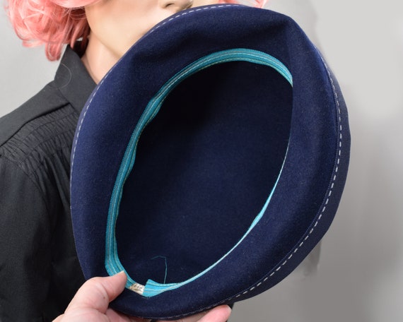 Mod Navy Blue Velour Vintage 60s Cloche Hat with … - image 10
