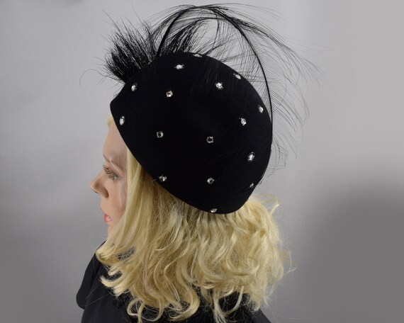 Black Rhinestone Disco Era Vintage 70s Hat with D… - image 3