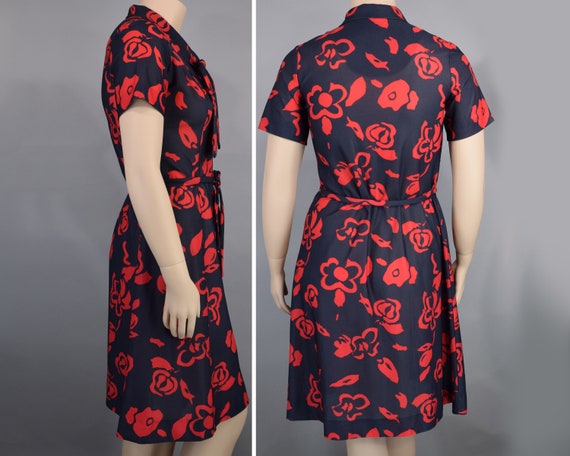 Cherry Red & Navy Blue Abstract Floral Print Vint… - image 4