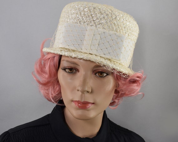 Vanilla Cream Lightweight Straw Vintage 60s Hat w… - image 2