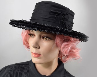 Black Vintage 60s Wide Brim Hat Woven Straw with Chiffon Wrap & Tiny Bows Black