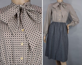 Cream Check & Heather Gray Vintage 70s Dress with Bow Tie Collar S