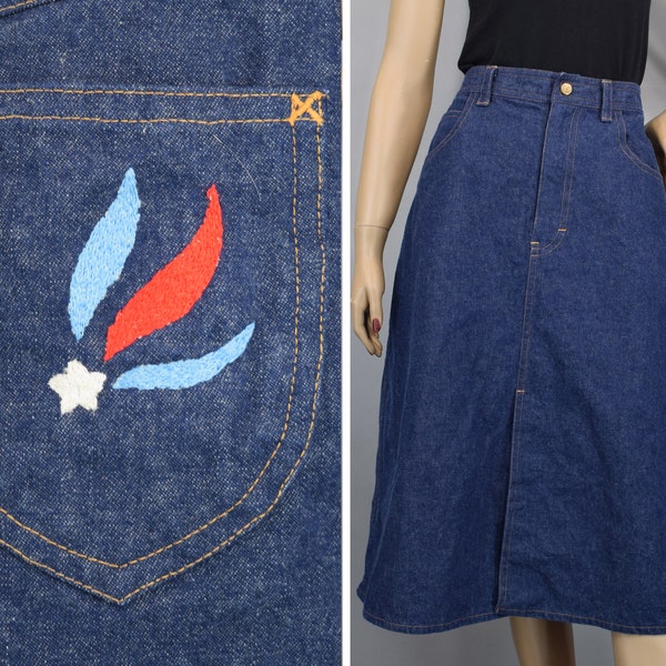 Dark Blue Denim Vintage 80s Skirt with Embroidered Pockets M