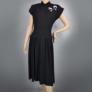 Black Vintage 40s Dress with White & Pink Beaded Parasols and Flowers Accent Trim XS S