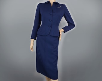 Navy Blue Vintage 50s Skirt Suit with Nipped Waist Jacket and Rhinestone Accent by Moordale S M