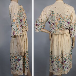 Cream Boho Floral Vintage 70s Top & Skirt Set with Puff Sleeve and Neck Bow S M image 3