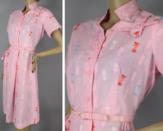 Pink Eyelash Fringe Vintage 50s Cotton Day Dress L