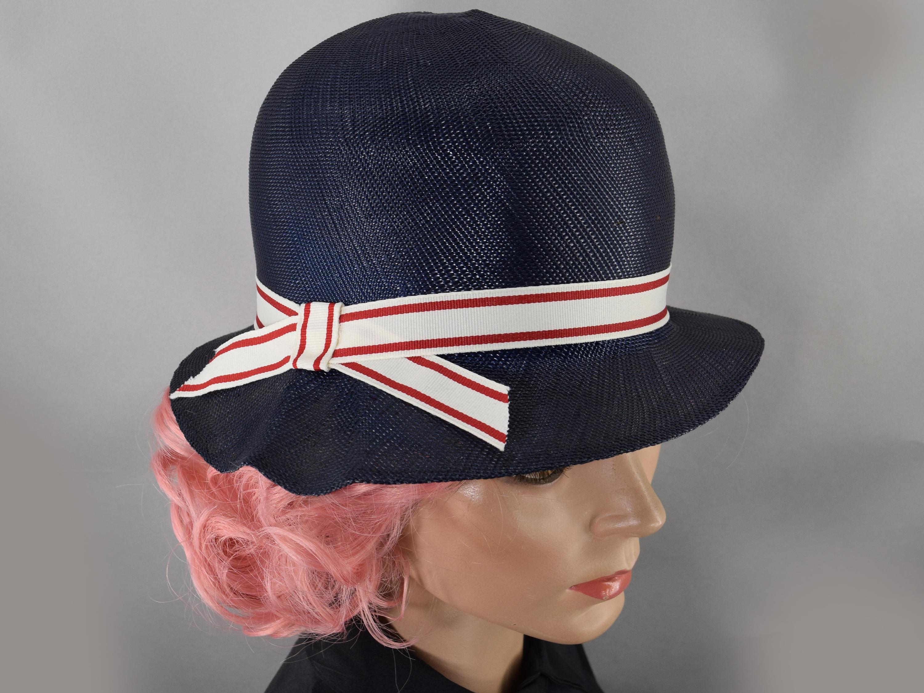 Vintage Straw Hat With Navy Ribbon - Etsy display picture 2
