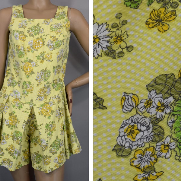 Yellow Floral & Polka Dot Vintage 70s Wide Leg Play Suit Split Skirt Romper S M