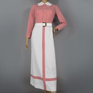 Red & White Picnic Check Vintage 70s Maxi Dress Plaid Print (S/M)
