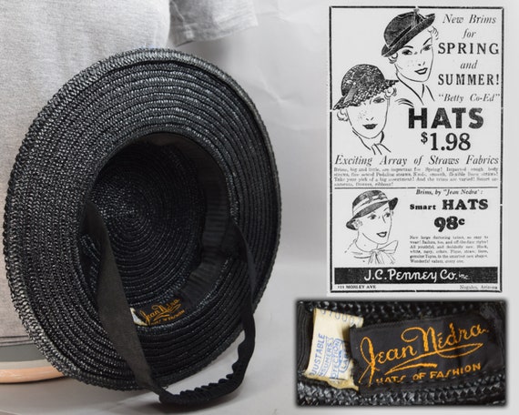 Black Straw Womens Boater Style Vintage 30s Tilt … - image 10