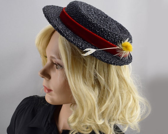 Black Straw Womens Boater Style Vintage 30s Tilt … - image 1