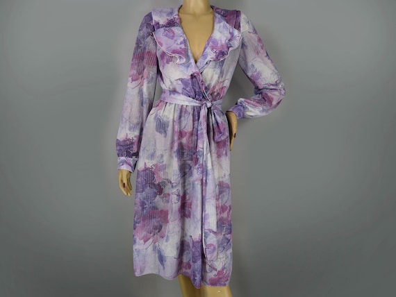 Purple Metallic Gold Vintage 70s Dress Sheer Ruffled Disco Era M