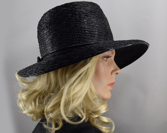 Black Straw & Patent Wide Brim Vintage 60s Hat - image 7