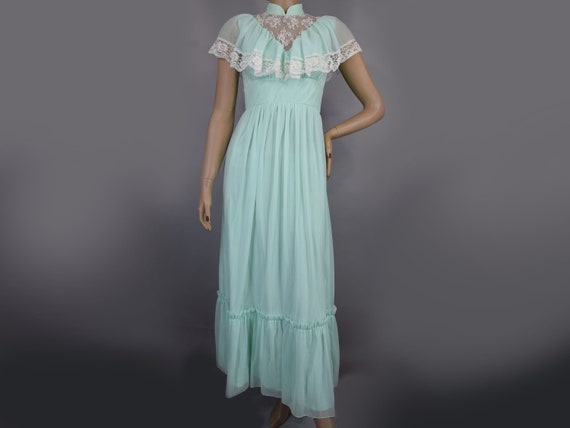 Mint Green & Lace Vintage 70s Maxi Dress with She… - image 1