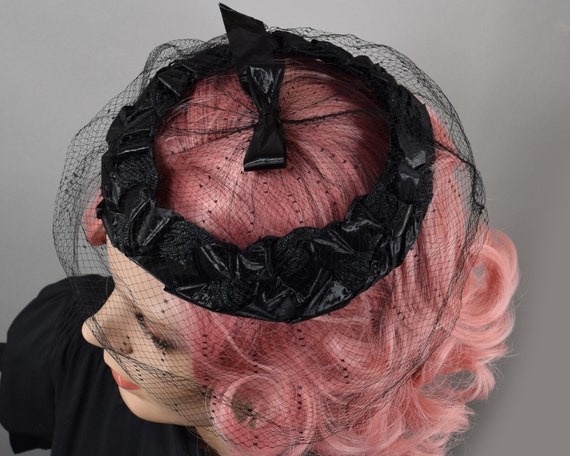 Black Straw Vintage 50s Ringlet Hat with Dotted N… - image 8