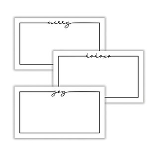 May include: Three blank white gift tags with black borders and handwritten text. The top tag says "merry", the middle tag says "ho ho ho", and the bottom tag says "joy".
