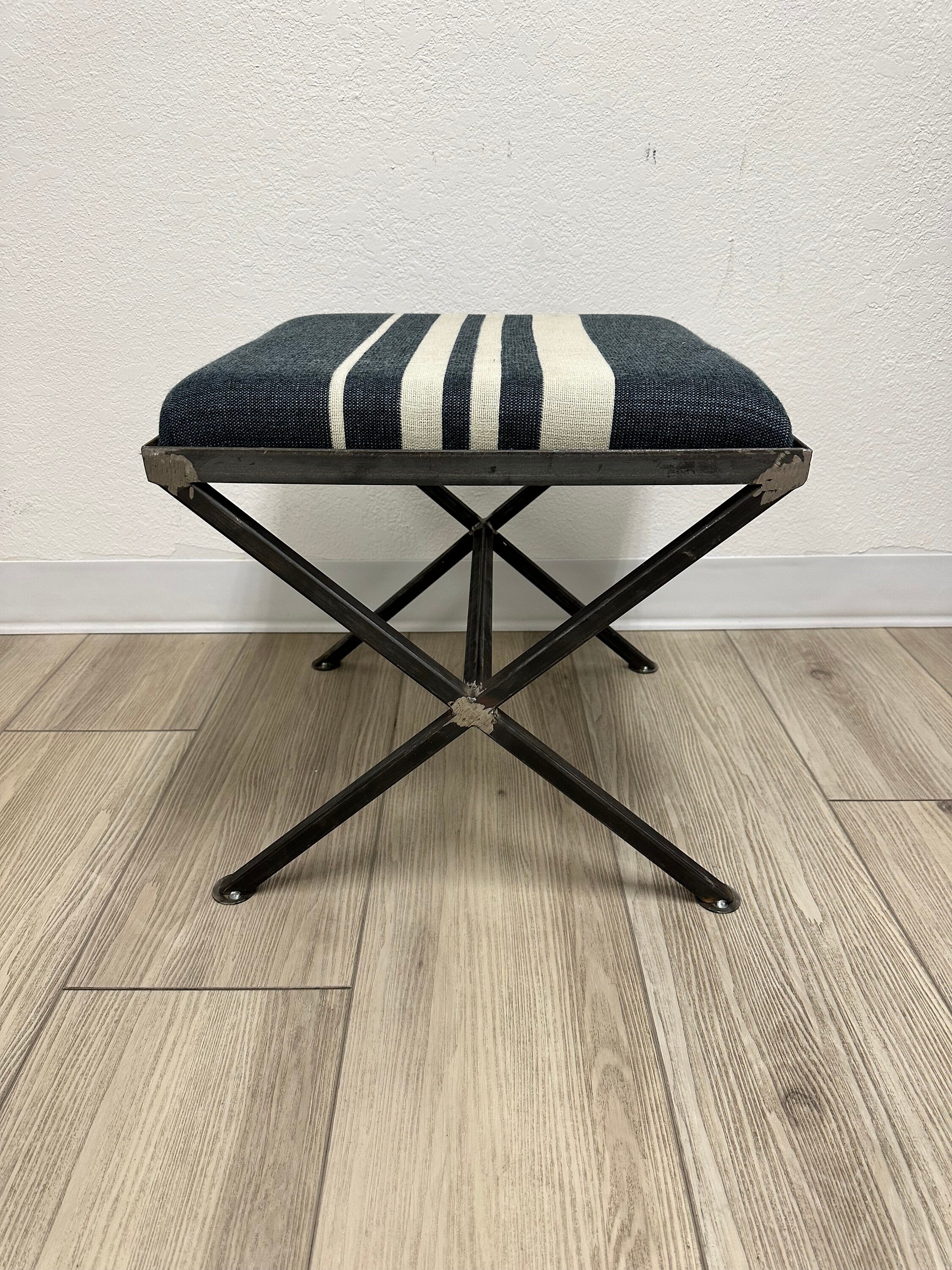 Metal Criss Cross Stool with Blue Alpaca Stripe